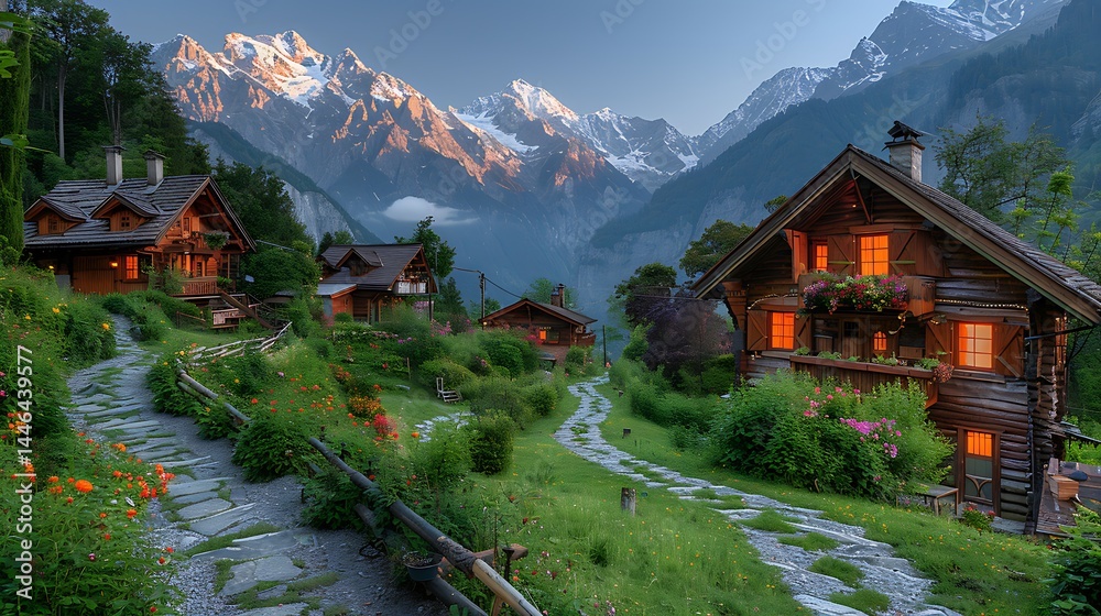 Obraz premium Charming wooden cottages and flower gardens high resolution picture