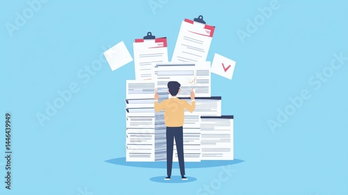 Illustrative workload concept showing a man overwhelmed by paperwork