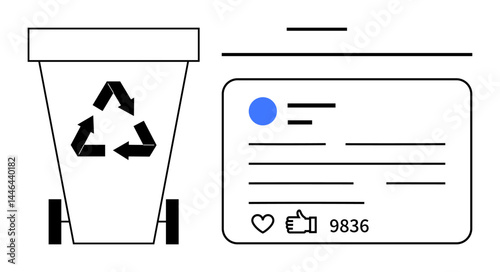Trash bin with recycling icon beside social media post outline, hinting at content disposal. Ideal for digital decluttering, sustainability, online ethics, eco-conscious behavior, content management