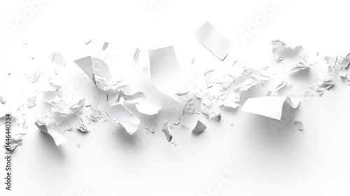 Chaotic paper remnants scattered across a pristine surface create a sense of disorder