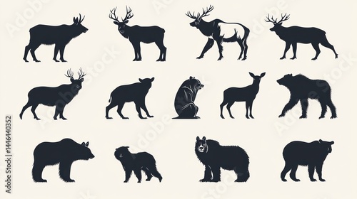 Obraz na płótnie Wildlife silhouettes collection featuring deer and bear species in varied poses w salonie