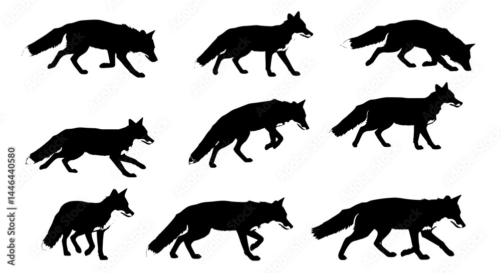 Fototapeta premium Fox silhouette set in various poses on white background, SVG vector illustration
