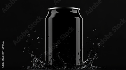 Sleek black can in dynamic water splash against a stark black background