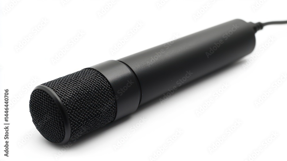Sleek black microphone isolated on a seamless white background, audio recording