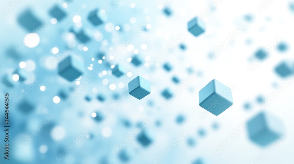 Abstract composition featuring softly blurred blue cubes suspended in dynamic space
