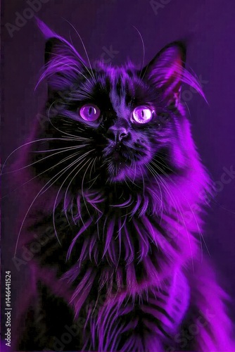 Fluffy Cat Relaxing in Purple Light with Bokeh Background

