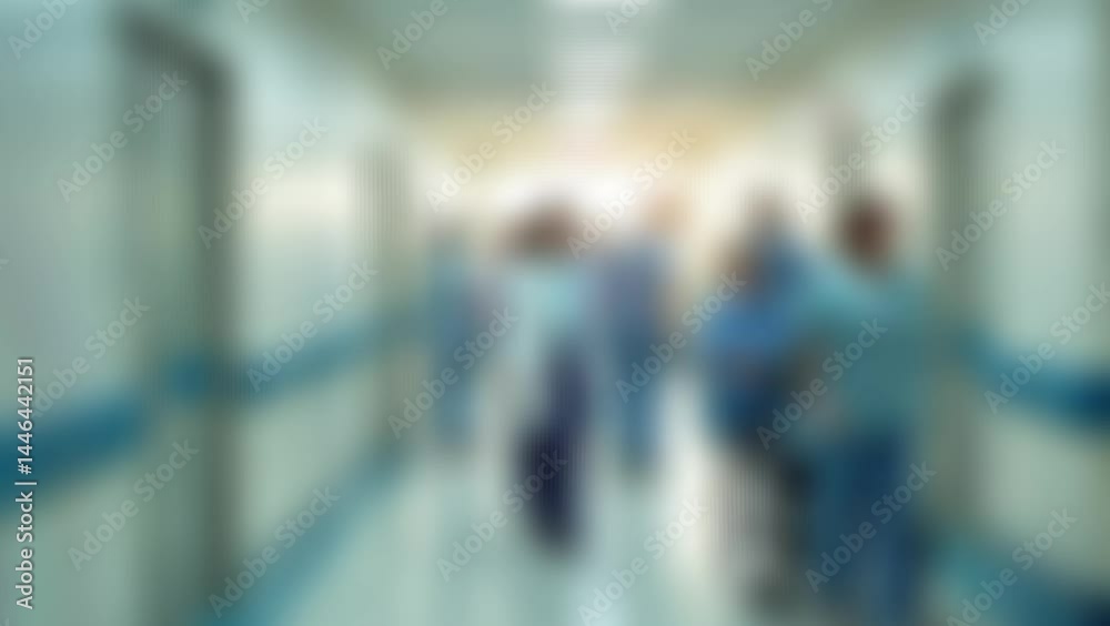 Blurred unidentified patient and medical staff walking in the hospital for background use. Still shot 4K video