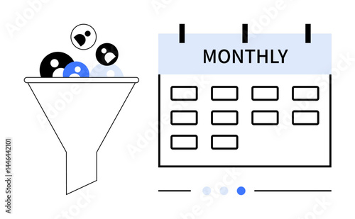 Funnel filtering user icons beside a calendar marked Monthly. Ideal for marketing, scheduling, data segmentation, lead management, conversion tracking, workflow optimization, simple landing page