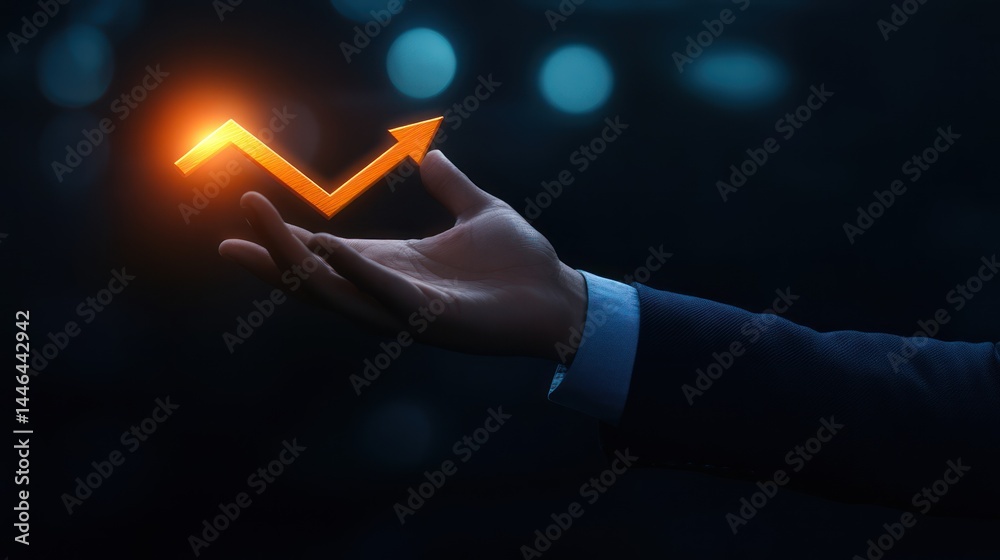 Illuminated arrow in hand symbolizing economic growth and financial prosperity