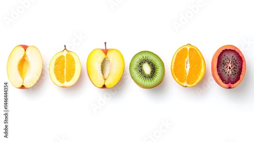 Selection of Isolated Fruit Halves - Cut Peach, Pear, Orange, and Apple for Culinary Use