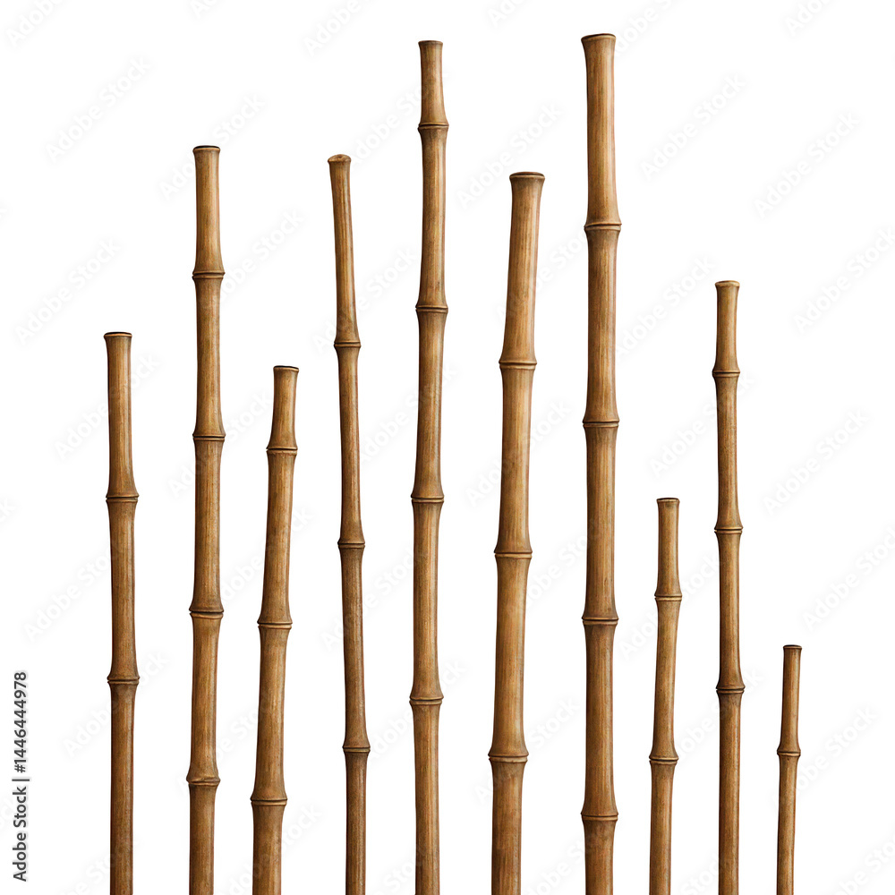 Naturally segmented bamboo poles stand together, displaying varied heights and earthy textures. Naturally segmented bamboo poles stand together, displaying varied heights and earthy textures.