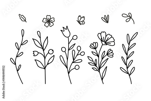 Minimalistic wildflower and leaf illustrations in line art style. Ideal for tattoos, logos, branding, eco design, fabric patterns, and botanical wall art. Editable and scalable vector.