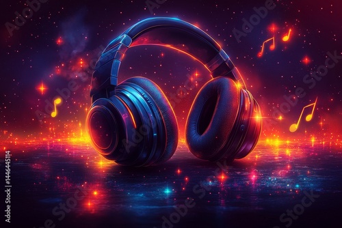 Headphones, music, cosmic background, vibrant glow, audio