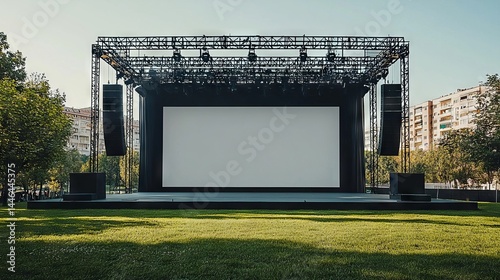 Open Air Stage Setup with Blank Screen and Vibrant Green Grass