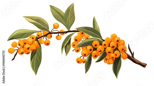 Detailed Buckthorn Branch with Berries and Leaves Isolated on White Background