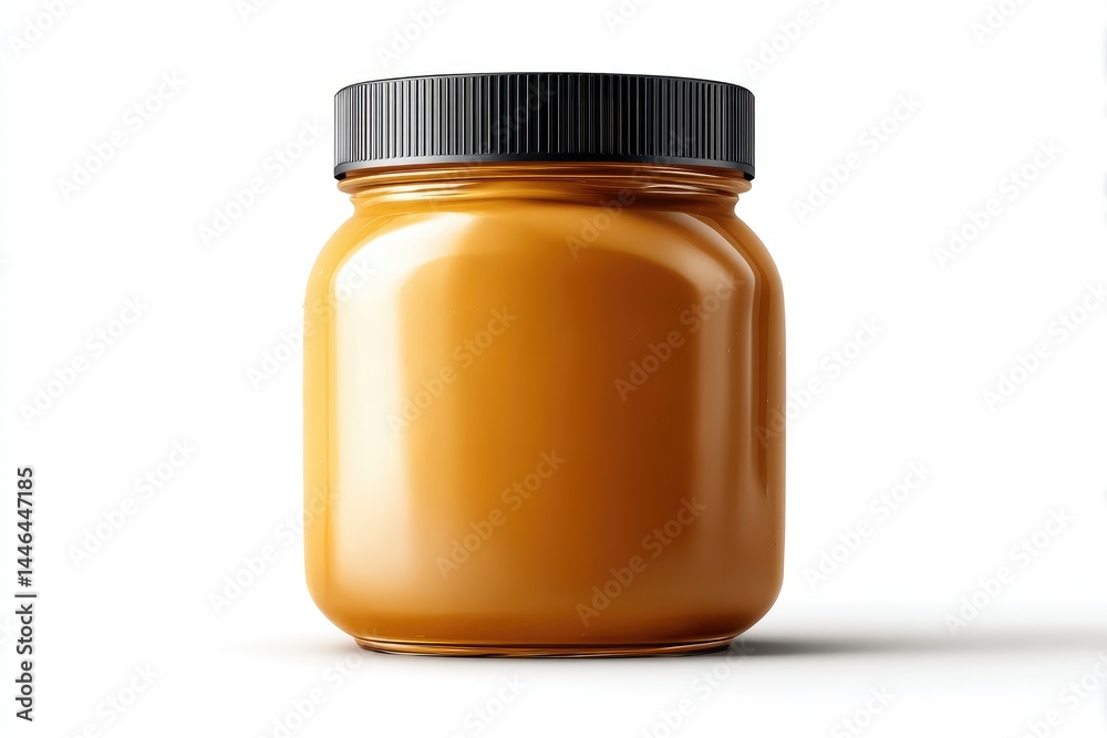 A glossy, amber-colored jar with a black lid. A glossy, amber-colored jar with a black lid.