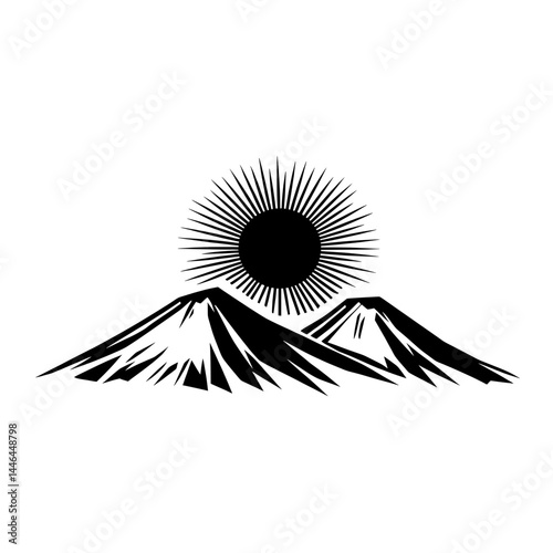 Mountain silhouette with rising sun in black and white depicting natural landscape and morning concept
