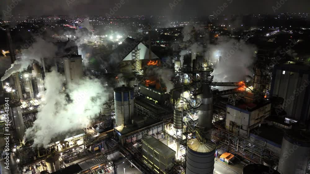 Vídeo drone noturno com visão aérea da indústria de papel em produção intensa, mostrando luzes, maquinários e movimento constante em ambiente industrial moderno e eficiente