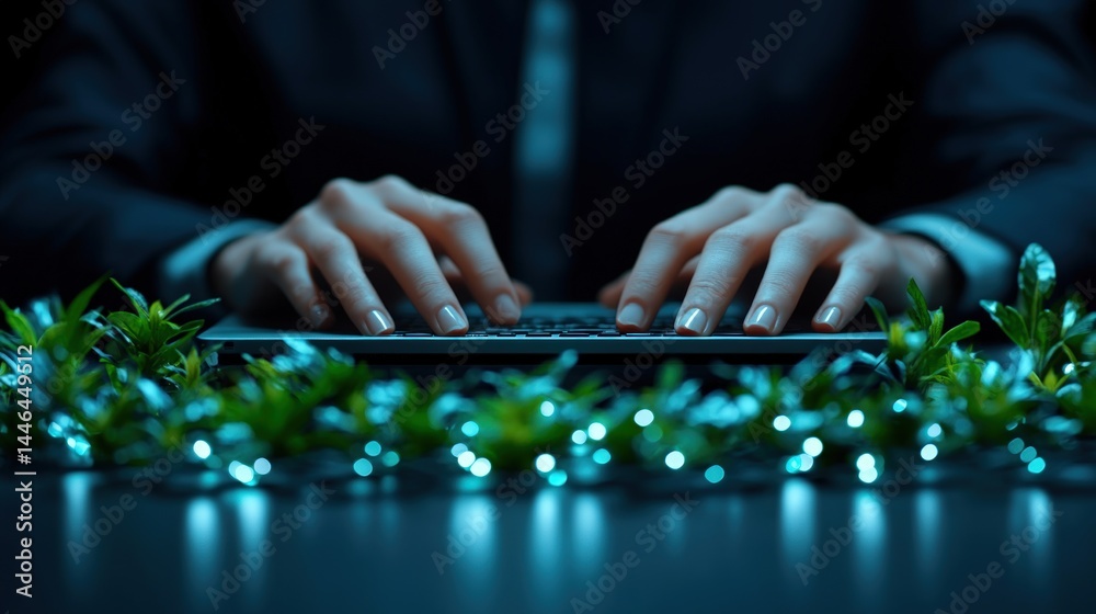 Lush technology Typing amid illuminated greenery Lush technology Typing amid illuminated greenery