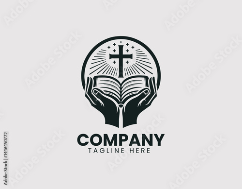 Reverent Hands Holding Open Bible with Cross Vector Logo Design