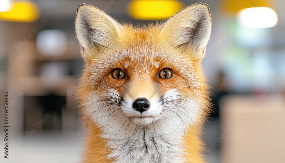 Obraz premium Close Up Red Fox Portrait Fluffy Fur Amber Eyes Blurred Background Indoor Setting