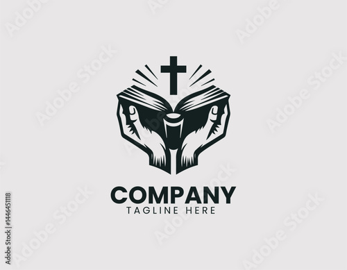 Reverent Hands Holding Open Bible with Cross Vector Logo Design