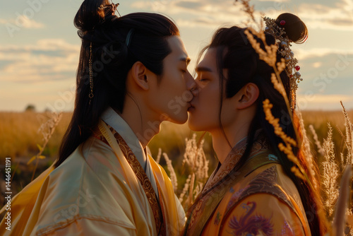 Gay Kiss in Feudal China during forbidden love moment between two noble men embracing against traditional laws and repression
