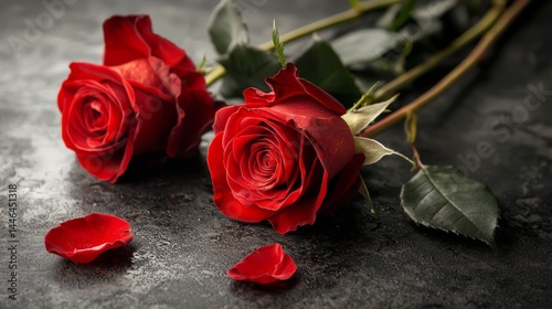 Two Red Roses on Dark Surface: A Romantic Still Life Photography