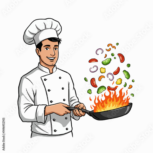A male chef in uniform tossing vegetables in a pan with flames, smiling confidently. Vector with white background.