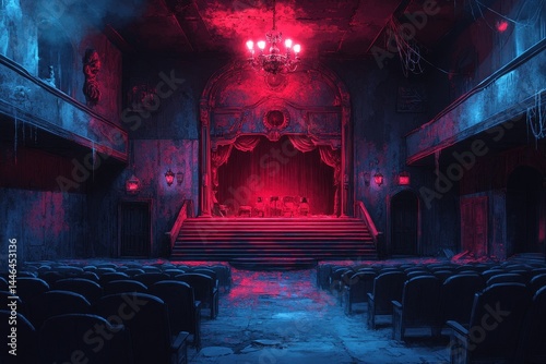 Abandoned theater stage, red blue light, eerie atmosphere, horror film backdrop