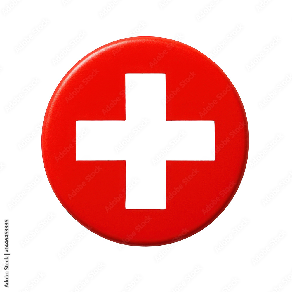 Vivid red round badge with a bold white cross in the center, representing medical assistance and safety. Vivid red round badge with a bold white cross in the center, representing medical assistance and safety.