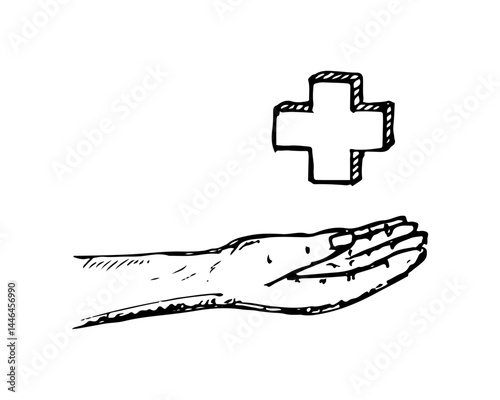 Open hand with a cross symbol floating above it, medical vector concept hand-drawn.