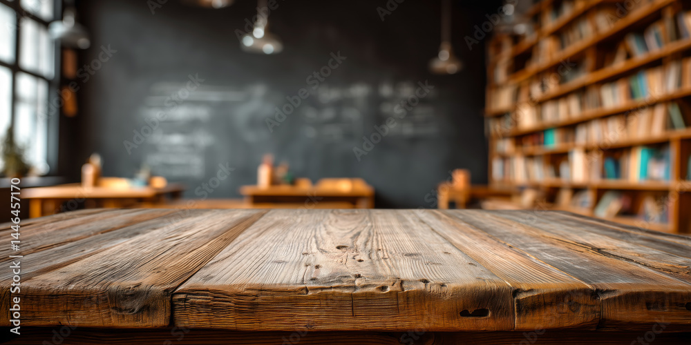 Rustic wooden table in cozy library, inviting ambiance with soft lighting, blurred background for focus. Rustic wooden table in cozy library, inviting ambiance with soft lighting, blurred background for focus.