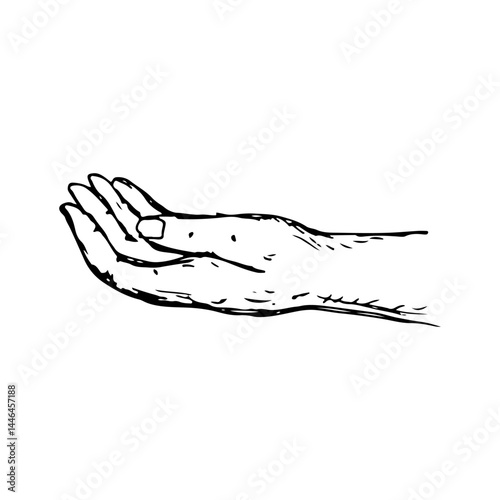Sketch of an open hand, palm facing upwards, posture of receiving or giving.