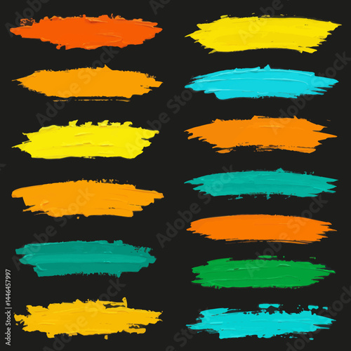 Colorful paint brush strokes on a black background create a vibrant abstract art design.