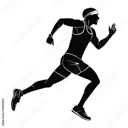 Black vector silhouettes of a running man, woman, and young boy depict sport, action, and exercise