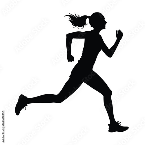 A black vector silhouette illustration shows a running woman, a young runner in athletic action, a sporty person jogging