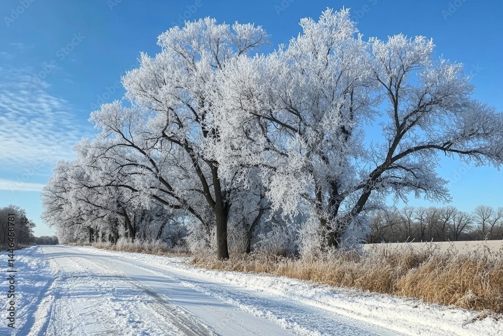 Obraz premium Frosted trees line a snowy rural road under a clear sky