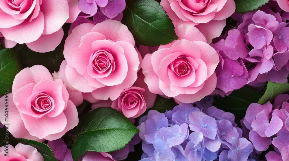 Obraz premium Lush pink roses and purple hydrangeas create a vibrant floral arrangement