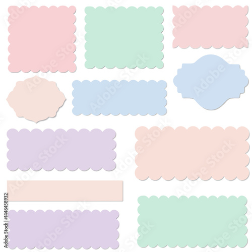 Pastel-colored scalloped paper cutouts in various shapes for design and decorative elements