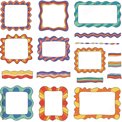 Retro groovy frames and borders collection in vibrant colors, perfect for designs and decorations