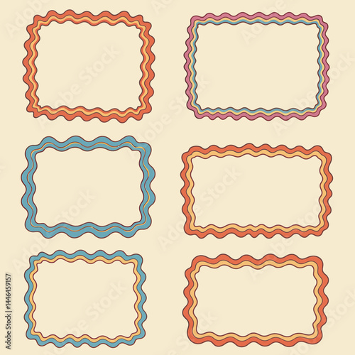 Retro styled wavy frames in various colors on a beige background for creative designs