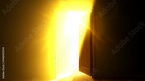 Glowing doorway. Bright light floods through an open door, stark contrast to the surrounding dark room