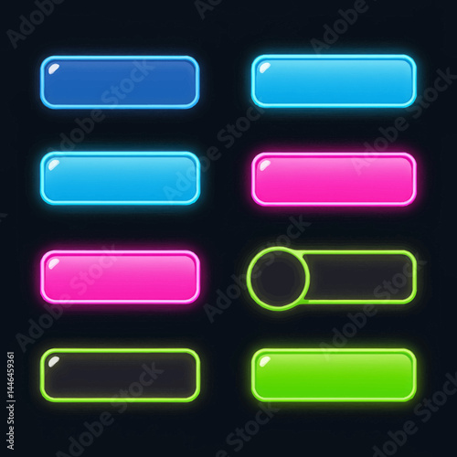 Vibrant set of colorful neon buttons with glowing outlines on a dark background for UI design