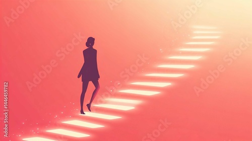 Silhouette of Woman on Staircase: Upward Journey Towards Empowerment and Personal Growth in Ethereal Light