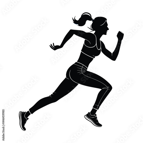 Black vector silhouette illustration shows a young woman runner and a young man running in sport action