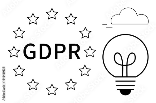 GDPR text encircled by stars, lightbulb symbolizing ideas or solutions, and cloud hinting at digital system. Ideal for data privacy, compliance, innovation, technology, brainstorming, digital