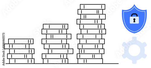 Stacked coins increasing in height alongside a shield with a lock and a gear. Ideal for finance, investment, savings, growth, security, banking, and business stability. Flat simple metaphor