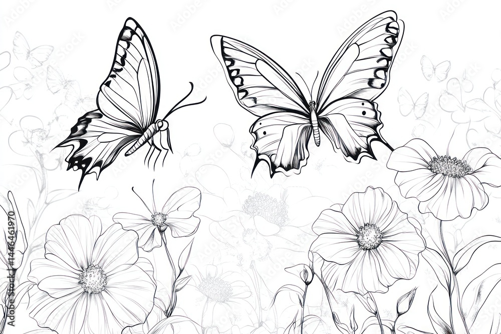 Fototapeta premium Delicate black and white illustration of two butterflies amidst blooming flowers. Detailed line art of floral design, creating a serene atmosphere