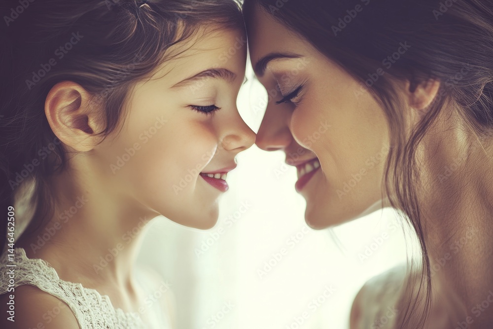 Close-up portrait of a mother and daughter touching noses.